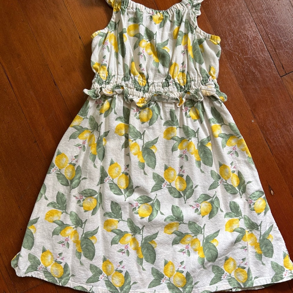 Linen Girls Lemon Print Summer Dress - Yellow & Green